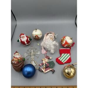 Vintage Christmas Ornament Lot Mixed Santa Balls Stocking Cross Craft 11 Pc